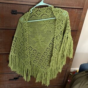 Green Crochet Fringe Shawl
